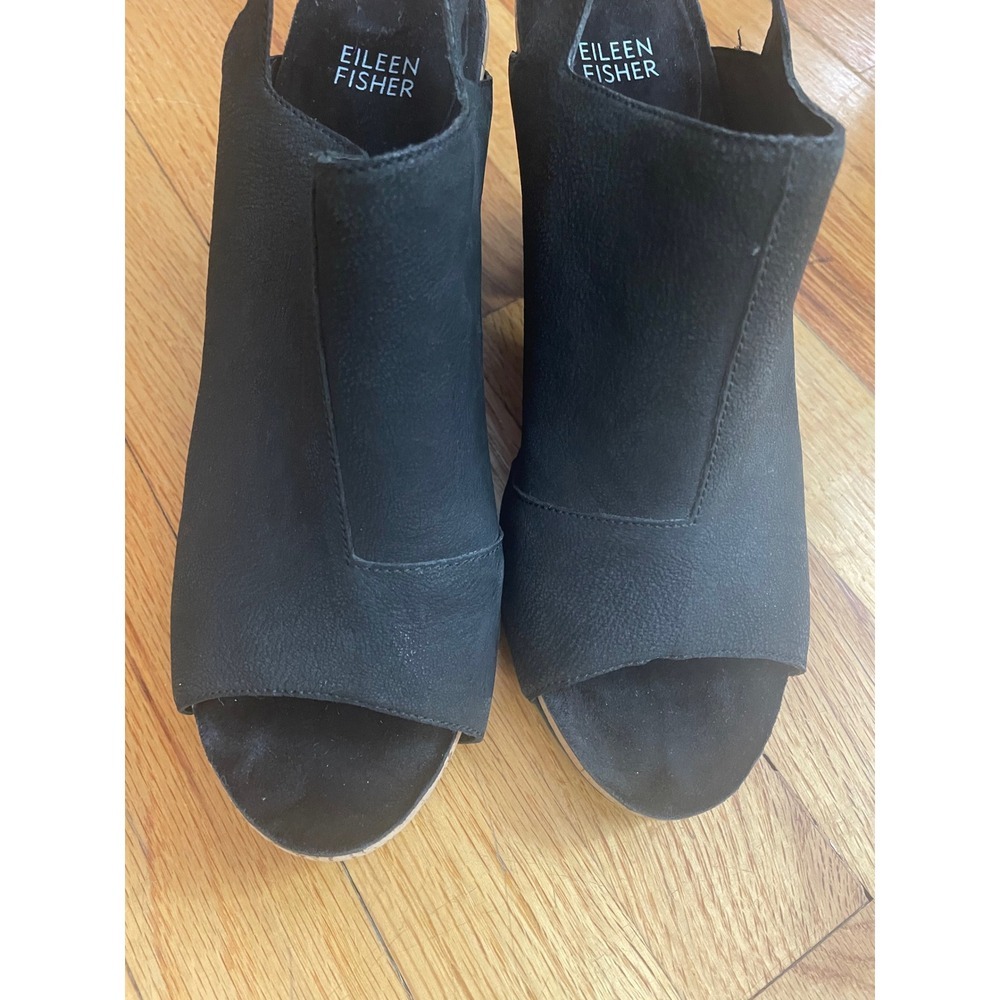 Eileen Fisher Black‎ Suede Leather Open Toe Slingback Cork Heel Mules - Picture 8 of 8